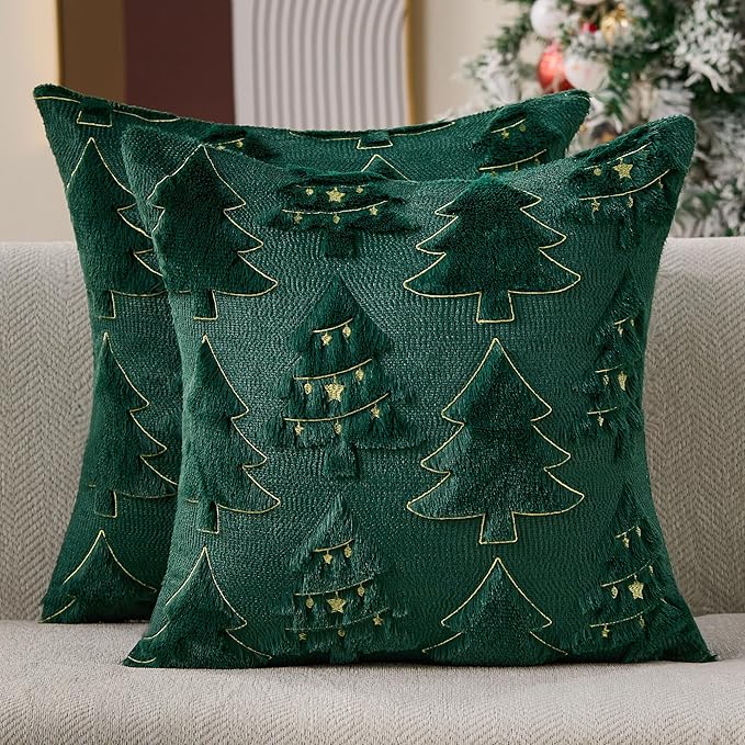 Christmas Pillow Covers 20x20 inch Set of 2 Soft Plush Faux Fur Christmas Decor Green Xmax Tree Yellow Colored Lights Decoration Throw Pillow Case for Winter Holiday Sofa Living Room PT013A20