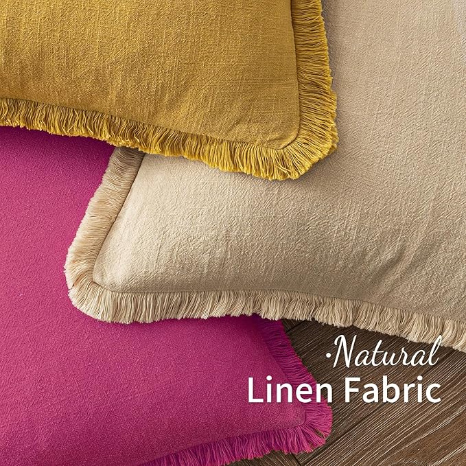 MIULEE Decorative Throw Pillow Covers Neutral Linen Fringe Throw Pillows Euro Shams Set of 2 Hot Pink Boho Farmhouse Cushion Covers for Couch Sofa Bed Living Room Spring Home Decor 24x24 Inch