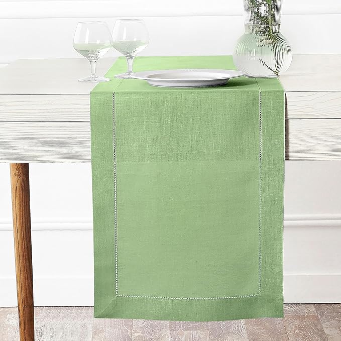 D'Moksha Homes Linen Sage Green Table Runner 48 Inches - Classic Hemstitch, 100% Pure Linen Coffee Table Runner 14 x 48 Inch Ideal for Dresser Tables - Fall, Autumn and Halloween