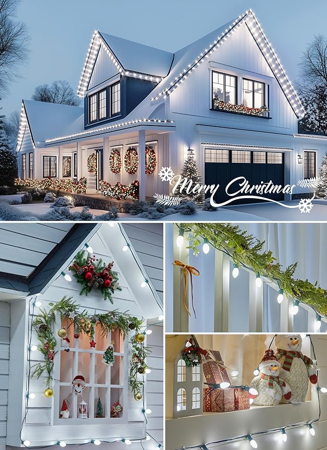 Moonflor C9 Christmas Lights Outdoor, 100Feet Vintage Christmas String Lights with 100 Bulbs, Connectable Waterproof Lights for Holiday Party Roofline Backyard Garden Patio, Green Wire (Pure White)