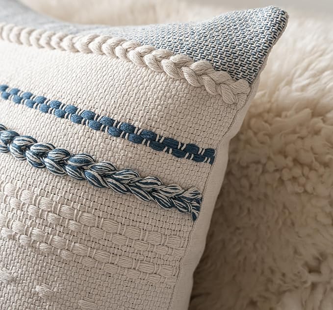Boho Throw Pillow Covers 12x20 Inch Set of 2, Blue Textured Decorative Couch Pillow Cases for Farmhouse Home Decor, Accent Cushion Cover for Sofa, Bed, Living Room, Bedroom