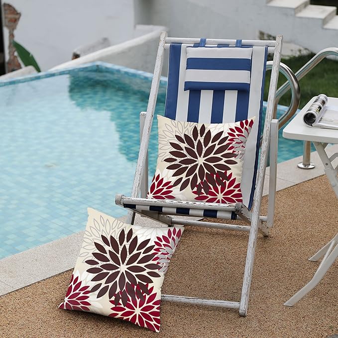 DFXSZ Red Brown Flower Pillow Covers 16x16 Inch Set of 2 White Gray Colored Throw Pillows Outdoor Waterproof Decor for Living Room Sofa Patio Funiture Garden Floral Polyester Pillow Covers 002L16