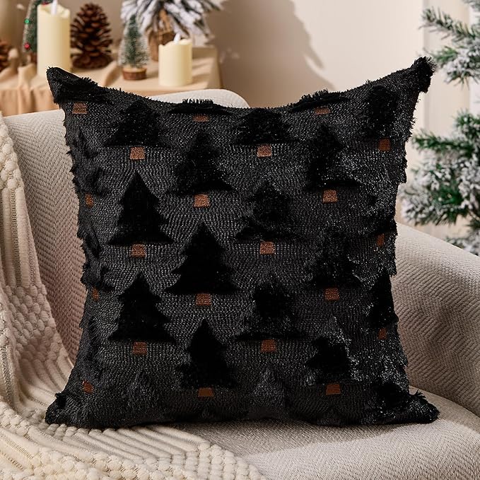 Christmas Pillow Covers 18x18 inch Set of 2 Black Christmas Decorations Soft Plush Faux Fur Wool Xmas Tree Throw Pillow Cases Winter Holiday Decor for Sofa Living Room PT002J18