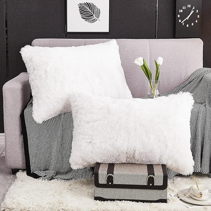 WERDIM Shaggy Fluffy Faux Fur Pillowcases 2 Pack Button Closure Velvet Pillow Shams King Size (White, 20 X 36 Inches)