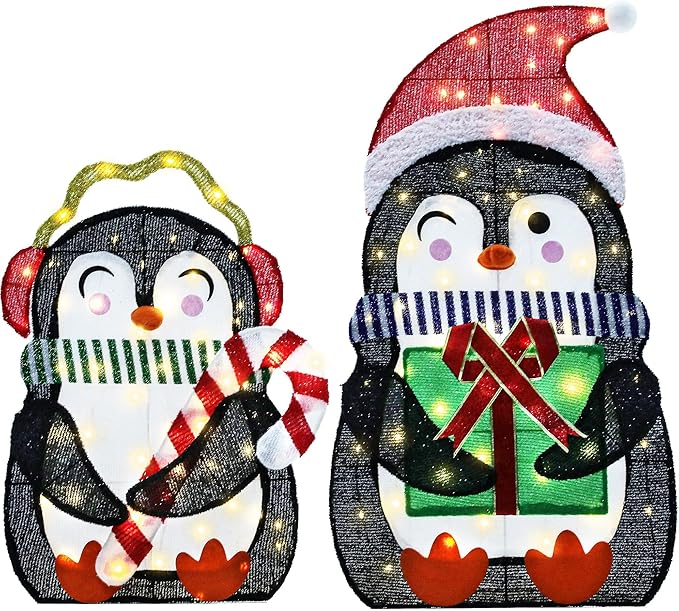 35In Christmas Lighted Penguins, Set of 2 Christmas Decorations Outdoor with 120 LED Lights,Xmas Pre-Lit Penguin Family Set,Light Up Decor with Stakes for Holiday, Yard, Lawn and Garden