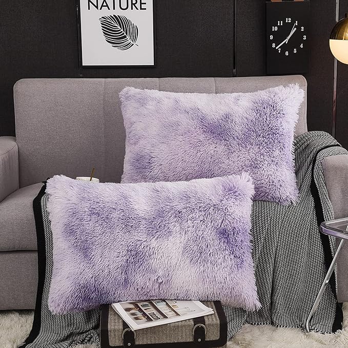 WERDIM Shaggy Fluffy Faux Fur Pillowcases 2 Pack Button Closure Velvet Pillow Shams Standard/Queen Size (Tie Dye Lilac, 20 X 26 Inches)