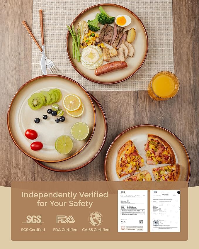10 Inch Dinner Plates Set of 6, Stoneware Round Salad Dessert Plates, Serving Plates, Microwave & Dishwasher Safe, Brown and Yellow