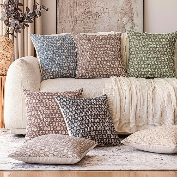Foindtower Set of 2 Decorative Neutral Floral Print Throw Pillow Covers Vintage Accent Farmhouse Cushion Covers Boho Home Decor for Sofa Couch Chair Bedroom Living Room,20×20 Inch,Sage Green