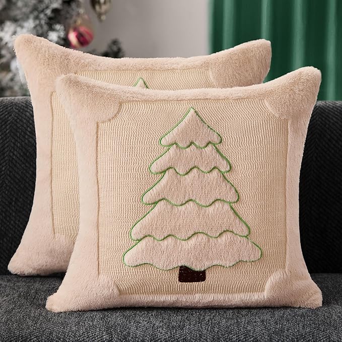 DFXSZ Christmas Pillow Covers 18x18 Yellow Line Beige Christmas Tree Decoration Soft Plush Faux Fur Jacquard Throw Pillows for Bedroom Sofa Holiday Festivals Winter Home Decor PTK062C18