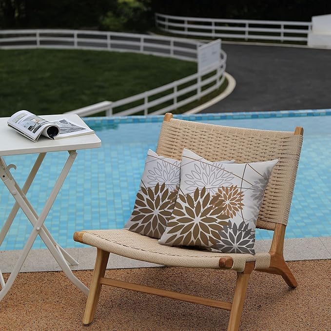 Brown Grey Outdoor Pillow Cover 18X18 Inch Set of 2 Outdoor Waterproof Summer Floral Brown Decorative Pillow case Decor for Couch Patio Funiture Garden Print Polyester Cushion Cover 01E18