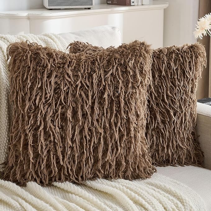 FUTEI Brown Decorative Throw Pillow Covers 16x16 Inch Set of 2,Soft Fluffy Faux Feather Texture Cushion Cases,Modern Home Luxury Decor for Couch Bed Living Room
