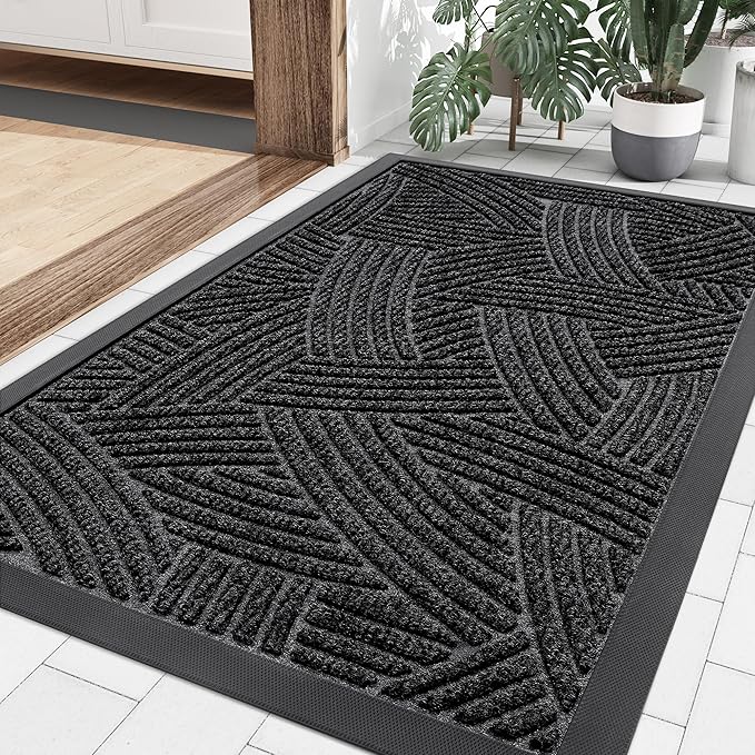Smiry Front Door Mat Indoor Outdoor Entrance, Heavy Duty Natural Rubber, Sturdy Trap Dirt, Moisture Doormat and Easy Clean Low Profile Patio Porch Entryway Mat, 36x24 Inch, Black/Geometric