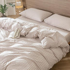 MooMee Striped Duvet Cover Set 100% Washed Cotton Linen Like Textured Breathable Durable Soft Comfy (Orange Classic Stripes, Oversized Queen 98"x98")