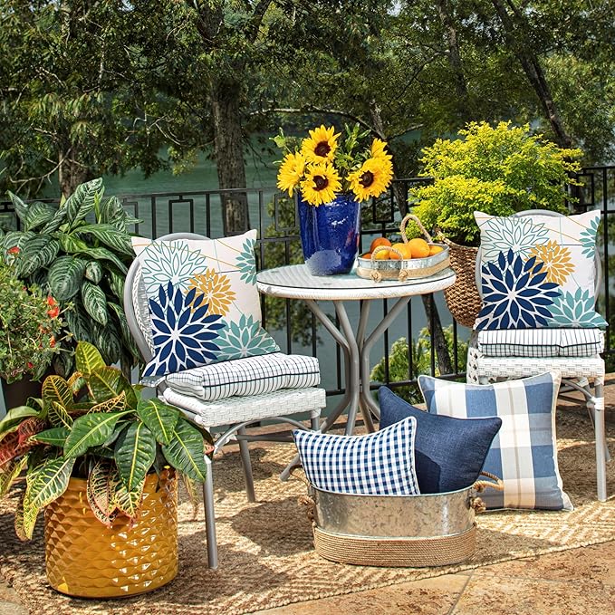 Dark Blue and Light Green Floral Pillow Covers 18x18 Set of 2 Outdoor Pillows Covers Waterproof Summer Pillowcovers Polyester Cushion Case Decor for Couch Patio Funiture Garden Porch 01T18