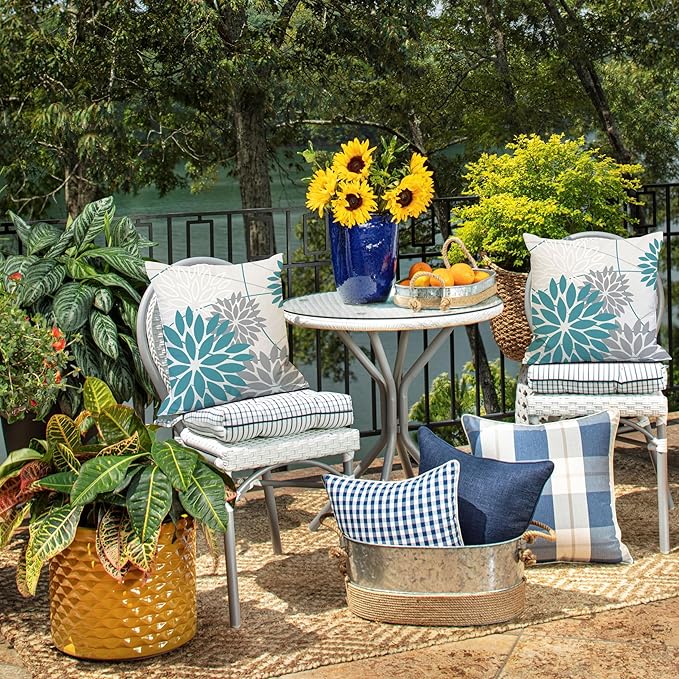 Blue and Grey Floral Pillow Covers 18x18 Set of 2 Outdoor Waterproof Decorative Throw Pillows Summer Pillow Covers Polyester Cushion Case Decor for Couch Patio Funiture Garden Porch 011A18