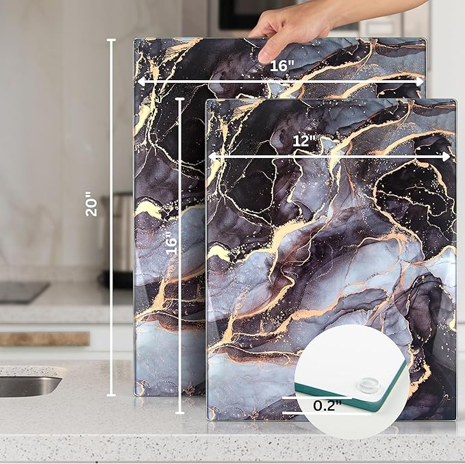 Glass Cutting Board 16"x12": Tempered Glass Kitchen Counter Protector - Durable- Scratch-Resistant, Heat-Proof - Design 8 - Grey & Gold