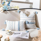 BlissBlush Blue Decorative Throw Pillow Cover 20x20 Square Boho Neutral White Accent Pillowcase Tassels Farmhouse Cushion for Couch Sofa Bedroom Living Room Home Décor (Cover ONLY, Pack of 1)