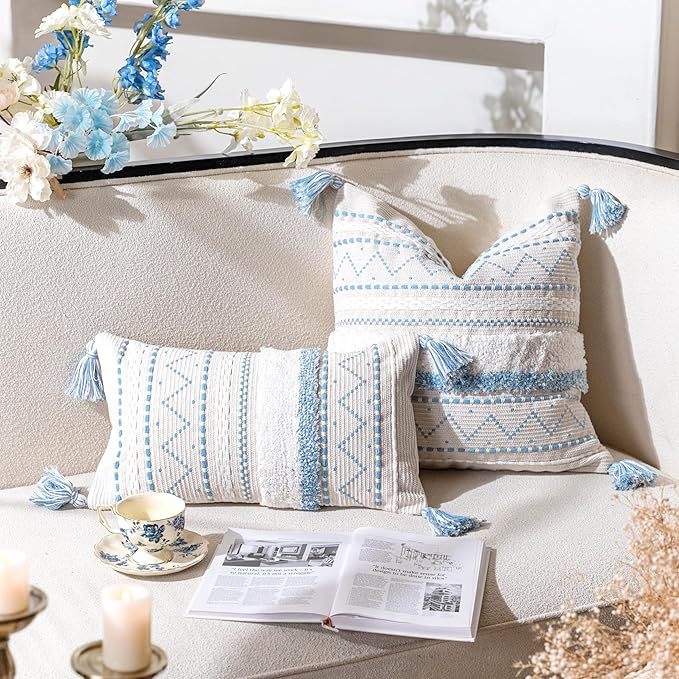 BlissBlush Blue Decorative Throw Pillow Cover 20x20 Square Boho Neutral White Accent Pillowcase Tassels Farmhouse Cushion for Couch Sofa Bedroom Living Room Home Décor (Cover ONLY, Pack of 1)