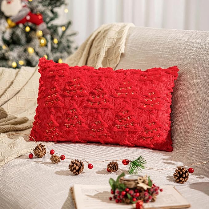 AQOTHES Christmas Tree Decorative Red Throw Pillow Covers 12x20 Set of 2, Faux Fur Farmhouse Throw Pillows Cushion Cases for Xmas Winter Holiday Home Decor
