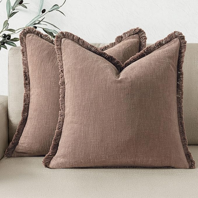 Woaboy Decorative Linen Fringe Throw Pillow Covers Boho Farmhouse Soft Euro Cushion Covers Accent Pillowcases with Tassels for Living Room Couch Sofa Bed Chair, 26x26 Inch Set of 2,Dark Coffee