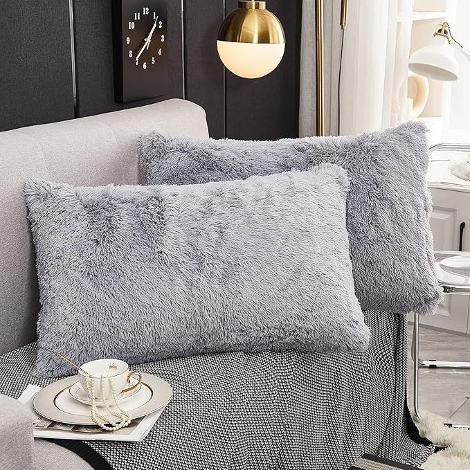 WERDIM Shaggy Faux Fur Pillowcases 2 Pack Button Closure Velvet Pillow Shams King Size (Light Grey, 20 X 36 Inches)