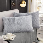 WERDIM Shaggy Faux Fur Pillowcases 2 Pack Button Closure Velvet Pillow Shams King Size (Light Grey, 20 X 36 Inches)