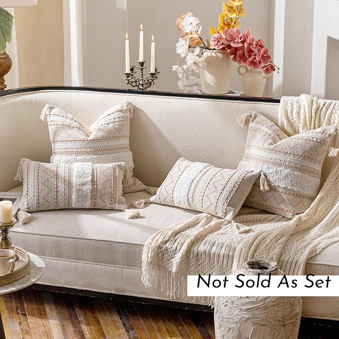 BlissBlush Decorative Throw Pillow Cover 18x18 Square Cream Neutral White Boho Accent Pillowcase Tassels Farmhouse Cushion for Couch Sofa Bedroom Living Room Home Décor (Cover ONLY, Pack of 1)