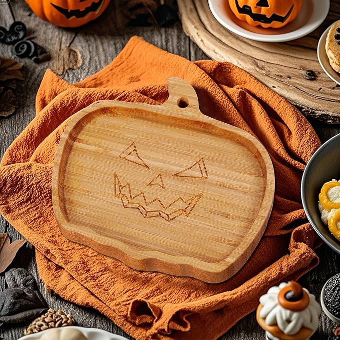 WILLKOMMEN Halloween Serving Platter, Pumpkin Shaped Charcuterie Board, Bamboo Serving Tray 10" x 9" for Party Child Spooky Appetizer Board Serving Dish Plate for Cheese,Snacks,Candy,Cookies