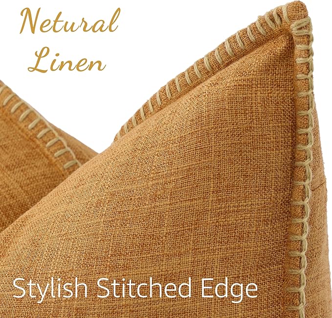 decorUhome Decorative Outdoor Throw Pillow Covers 18x18 Set of 2, Square Linen Rustic Neutral Farmhouse Euro Pillow Covers with Stitched Edge for Couch, Sofa, Living Room, Bronze Gold