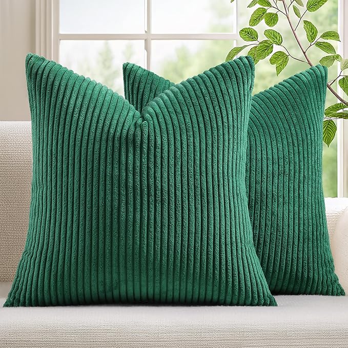 Mecatny Christmas Decorative Corduroy Throw Pillow Covers 22x22 Set of 2 for Sofa Living Room, Soft Neutral Boho Couch Pillow Covers for Home Decor, Green