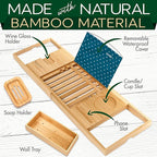 SereneLife Bamboo Bathtub Caddy with Luxury Gift Box and Red Gifting Ribbon Extendable & Adjustable Tray with Device/Book Holder with Removable Trays for Bath Accessories (Natural Color)