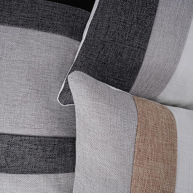 Adabana Modern Pillow Covers 18x18 Set of 2 Farmhouse Decor Patchwork Linen Cushion Covers for Living Room Couch Bed Grey and White