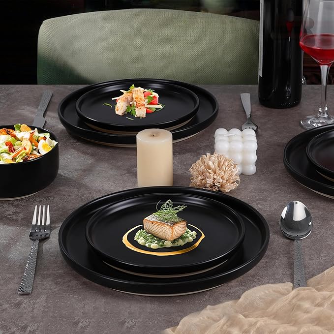 LIANYU Stoneware Dinnerware Sets for 4, 12 Piece Plates and Bowls Set, Ceramic Dishware Dishes for Dining, Scratch Resistant Kitchen Porcelain Plates, Microwave & Dishwasher Safe, Matte Black