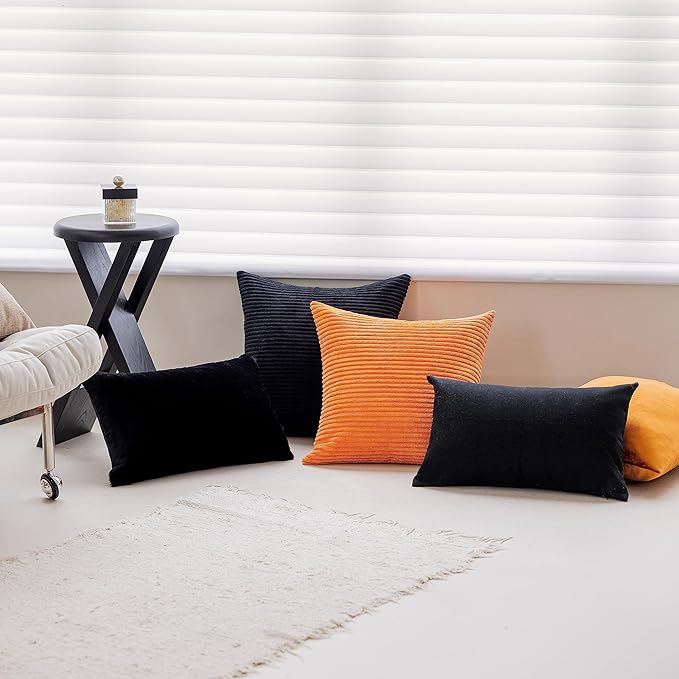 Home Brilliant Striped Corduroy Pillow Covers for Bed Set of 2 Supersoft Velvet Square Fall Decorative Pillow Cases, 18 x 18 inch, Black