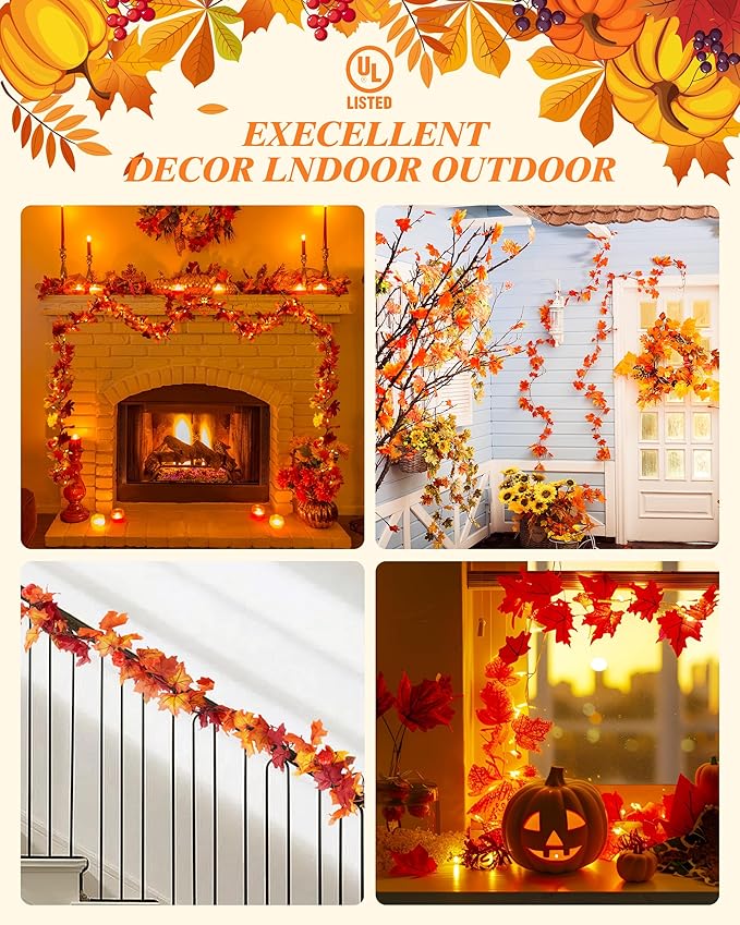 VCOKEN 11FT Fall Garland With Lights - 50 Bulbs Connectable Maple Leaves With Pumpkin, Plug-in Decor for Outdoor Indoor Halloween Thanksgiving Holidays