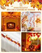 VCOKEN 11FT Fall Garland With Lights - 50 Bulbs Connectable Maple Leaves With Pumpkin, Plug-in Decor for Outdoor Indoor Halloween Thanksgiving Holidays