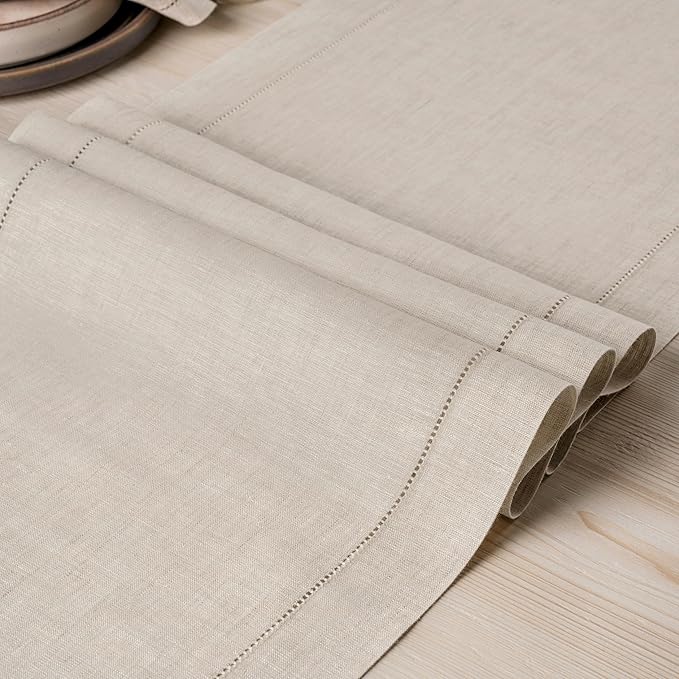 D'Moksha Homes Linen Light Natural Table Runner 90 Inches Long - Classic Hemstitch 100% Pure Linen Dining Table Runner 14 x 90 Inch for Fall, Autumn and Halloween