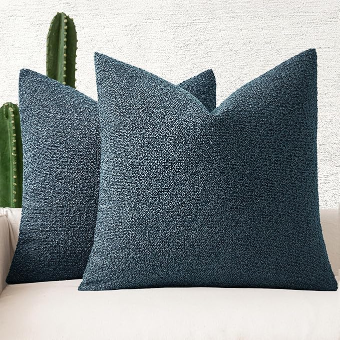 MIULEE 18x18 Inch Decorative Pillow Covers for Couch Bed Set of 2 Textured Boucle Neutral Winter Throw Pillows Dark Blue Accent Solid Cushion Pillowcases Sofa Livingroom Home Decor
