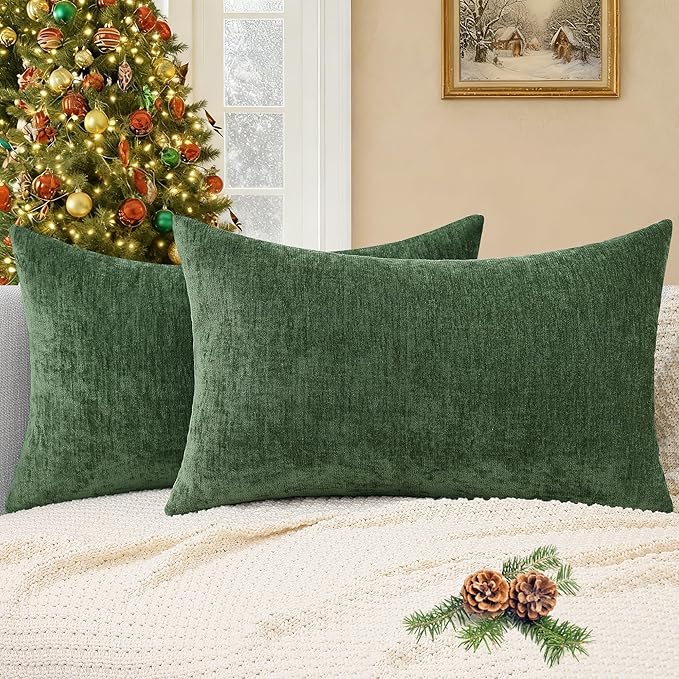 decorUhome Chenille Moss Green Fall Throw Pillow Covers 12x20 Inch Set of 2, Decorative Soft Couch Pillow Covers Solid Dyed Accent Velvet Farmhouse Neutral Rectangle Christmas Pillow Cases for Sofa