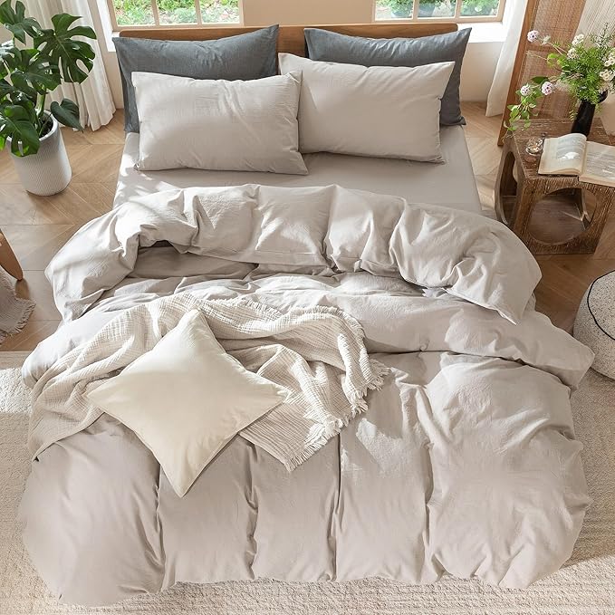 MooMee Bedding Duvet Cover Set 100% Washed Cotton Linen Like Textured Breathable Durable Soft Comfy (Solid Light Tan, Oversized King Plus 128"x120")