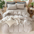 MooMee Bedding Duvet Cover Set 100% Washed Cotton Linen Like Textured Breathable Durable Soft Comfy (Solid Light Tan, Queen 90"x90")