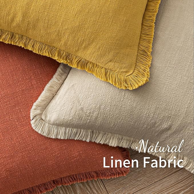 MIULEE Decorative Throw Pillow Covers Neutral Linen Fringe Throw Pillows Euro Shams Set of 2 Mustard Yellow Boho Farmhouse Cushion Covers for Couch Sofa Bed Living Room Spring Home Decor 24x24 Inch