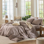 MooMee Bedding Duvet Cover Set 100% Washed Cotton Linen Like Textured Breathable Durable Soft Comfy (Heathered Mauve Brown, Super Queen 90"x98")