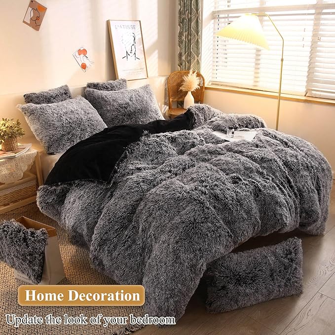 XeGe Faux Fur Throw Pillow Cases, Plush Shaggy Ultra Soft Pillow Covers, Fluffy Crystal Velvet Decorative Pillowcases, Furry Fuzzy Pillow Shams Zipper Closure, Set of 2 (King, Black Ombre)