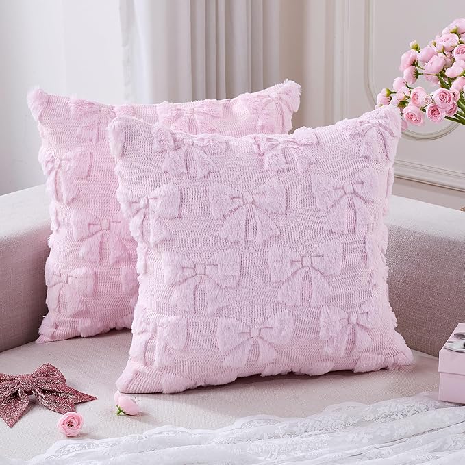 Light Pink Christmas Pillow Covers 18x18 Set of 2 Valentine Coquette Room Decor Faux Fur Bow Soft Aesthetic Plush Preppy Fluffy Decorative Throw Cushion Case for Sofa Couch Bed Chair Living Room