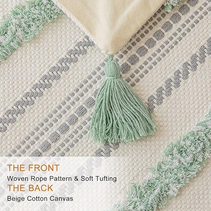 Boho Throw Pillow Covers 18x18 Set of 2 Woven Tufted Farmhouse Pillows Cover with Tassels Textured Striped Cushion Case Neutral Pillow Cases Decorative Pillowcase for Sofa, Couch, Bed, Light Green