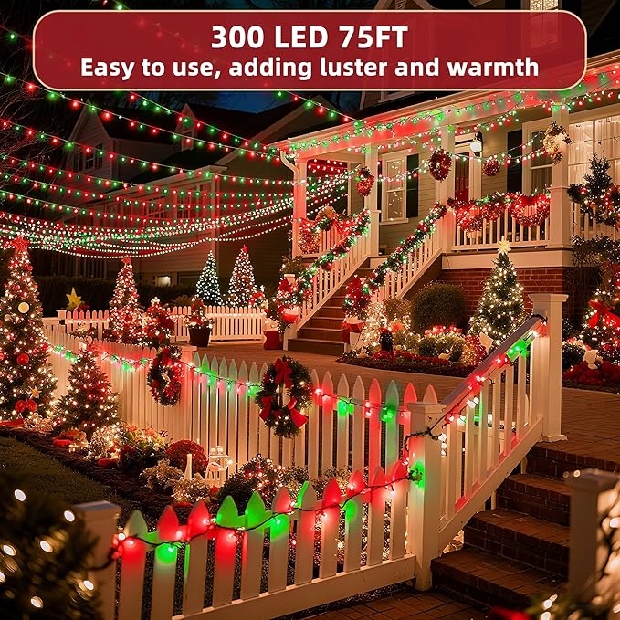 300LED 75FT Christmas Lights Indoor, LED Christmas Tree Decoration Lights with 12 Modes & Timer Memory, Dimmable Plug In Waterproof LED Xmas Light for Yard Trees Wedding Party Holiday Red & Green