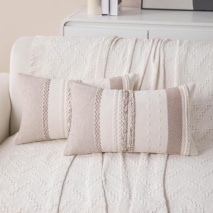 Boho Lumbar Pillow Covers Set of 2-12x20 Inch Khaki Accent Striped Decorative Farmhouse Coastal Long Boho Throw Pillows, Neutral Textured Pillowcases for Couch Bed, Sofa Home Decor