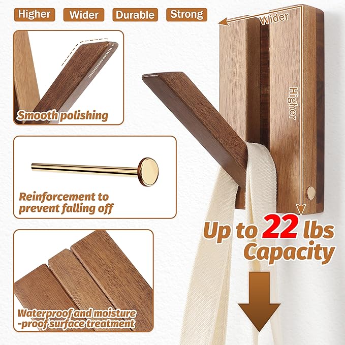 Foldable Wall Hooks 2Pack: Rustic Wooden Coat Hooks Mounted for Heavy Duty Hanging Hats Bags Beach Towels, Space Saving Minimalist Design for Aesthetic Homeowner