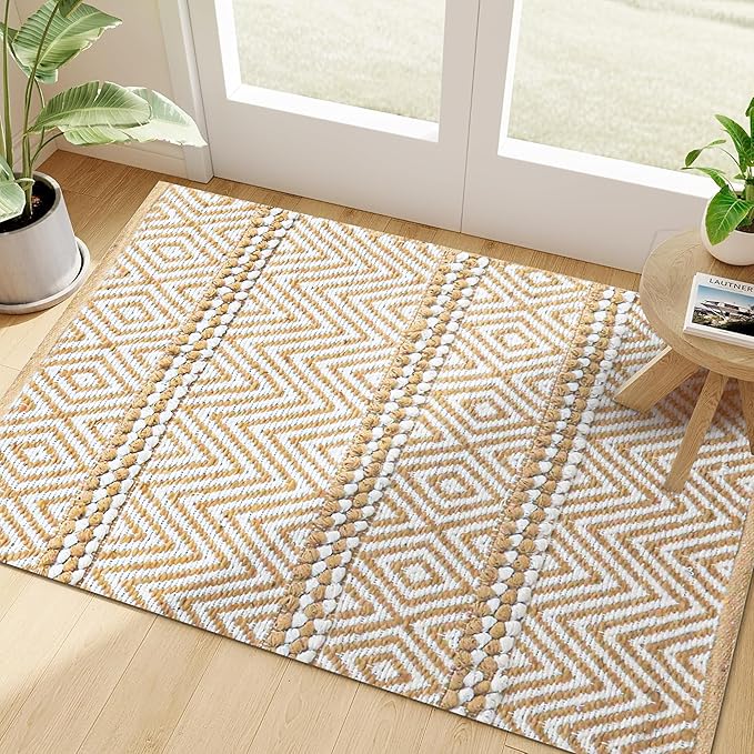Bedding Craft Jute Cotton Stripe Area Rug for Living Room 24x36 Inch - Natural Ivory - Machine Washable 2x3 Feet Rugs - 70% Jute and 30% Cotton